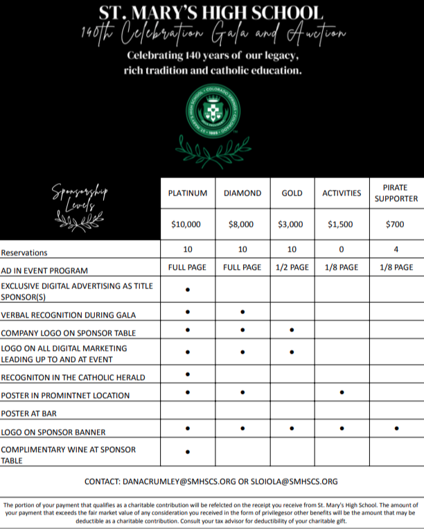 St Mary's High School Gala 2025 Sponsorships Available to Purchase, 2501 E Yampa St, Colorado Springs, CO 80909