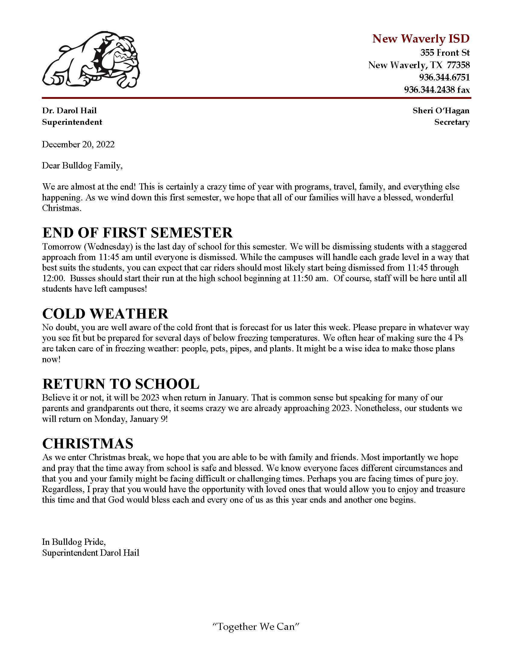 December 20, 2022 Update Letter