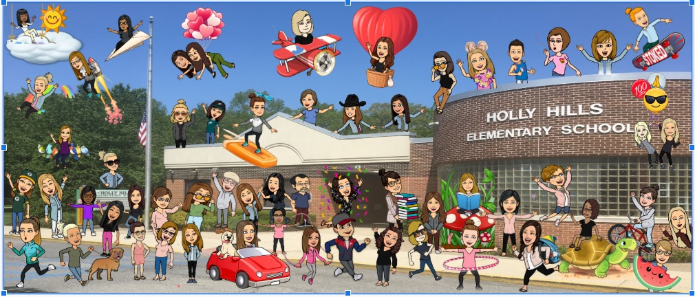 image of all the teacher bitmojis in front of holly hills school