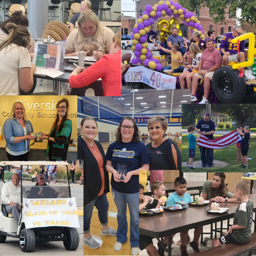 Collage including photos of community members donating to the schools, alumni homecoming parade floats, and teachers working with students