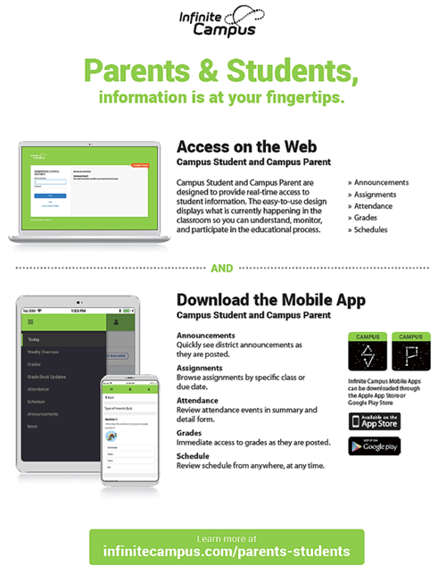 INFINITE CAMPUS LOGO - PARENTS & STUDENTS, INFORMATION IS AT YOUR FINGERTIPS.