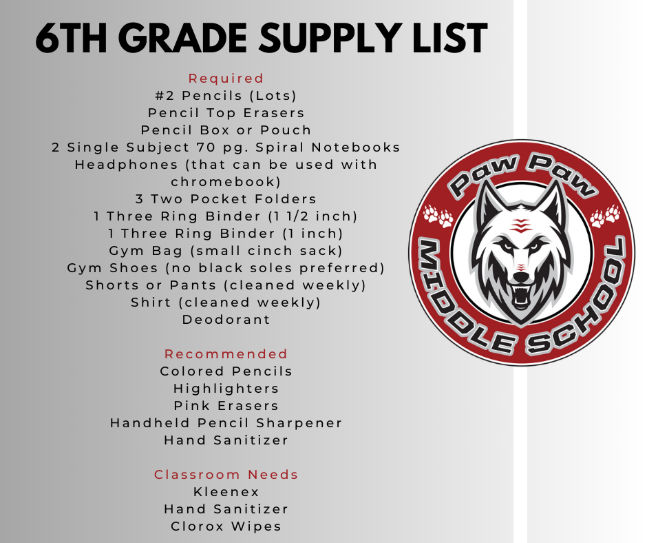 Paw Paw Middle Schools: Red Wolves - 6th Grade Supply List. Necessary:  #2 Pencils, Handheld Pencil Sharpener, Pencil Top Erasers, Pink erasers, Highlighters, Pencil Box or Pouch, 2 Single Subject 70 page Spiral Notebooks, 3 Two Pocket Folders, 1 Three Ring Binder(1 1/2 inch), 1 Three Ring Binder(1 inch), Headphones (that can be used with chromebook, not bluetooth), Gym bag(small cinch sack), Gym Shoes(no black soles preferred), Shorts or pants(cleaned weekly), Shirt(cleaned weekly), Deodorant. Recommended: Crayola Colored Pencils, Ultra Fine and Fine Black Sharpies or Bic Permanent Markers, Hand Sanitizer. Classroom Needs: Kleenex, Hand Sanitizer, Clorox Wipes. Check with individual teachers to see if something specific is needed for a class.