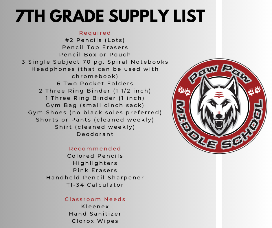 Paw Paw Middle Schools: Red Wolves - 7th Grade Supply List. Necessary:  #2 Pencils, Handheld Pencil Sharpener, Pencil Top Erasers, Pink erasers, Colored pens(black or blue), Highlighters, Pencil Box or Pouch, 3 Single Subject 70 page Spiral Notebooks, 6 Two Pocket Folders, 2 Three Ring Binder(1 1/2 inch), Ti-34 calculator, Headphones (that can be used with chromebook, not bluetooth), Gym bag(small cinch sack), Gym Shoes(no black soles preferred), Shorts or pants(cleaned weekly), Shirt(cleaned weekly), Deodorant. Recommended: Crayola Colored Pencils(2 boxes), Crayola Markers(Thick and Thin), Ultra Fine and Fine Black Sharpies or Bic Permanent Markers, Crayola Crayons, 1-2 Elmer's Glue or Glue Sticks, Large Ziplock Bag(labeled with your name), 1 Pair of Scissors), Crayola or Prang Watercolor Paint(8 color set), 2-3 Brushes for Detailed work, Hand Sanitizer. Classroom Needs: Kleenex, Hand Sanitizer, Clorox Wipes. Check with individual teachers to see if something specific is needed for a class.