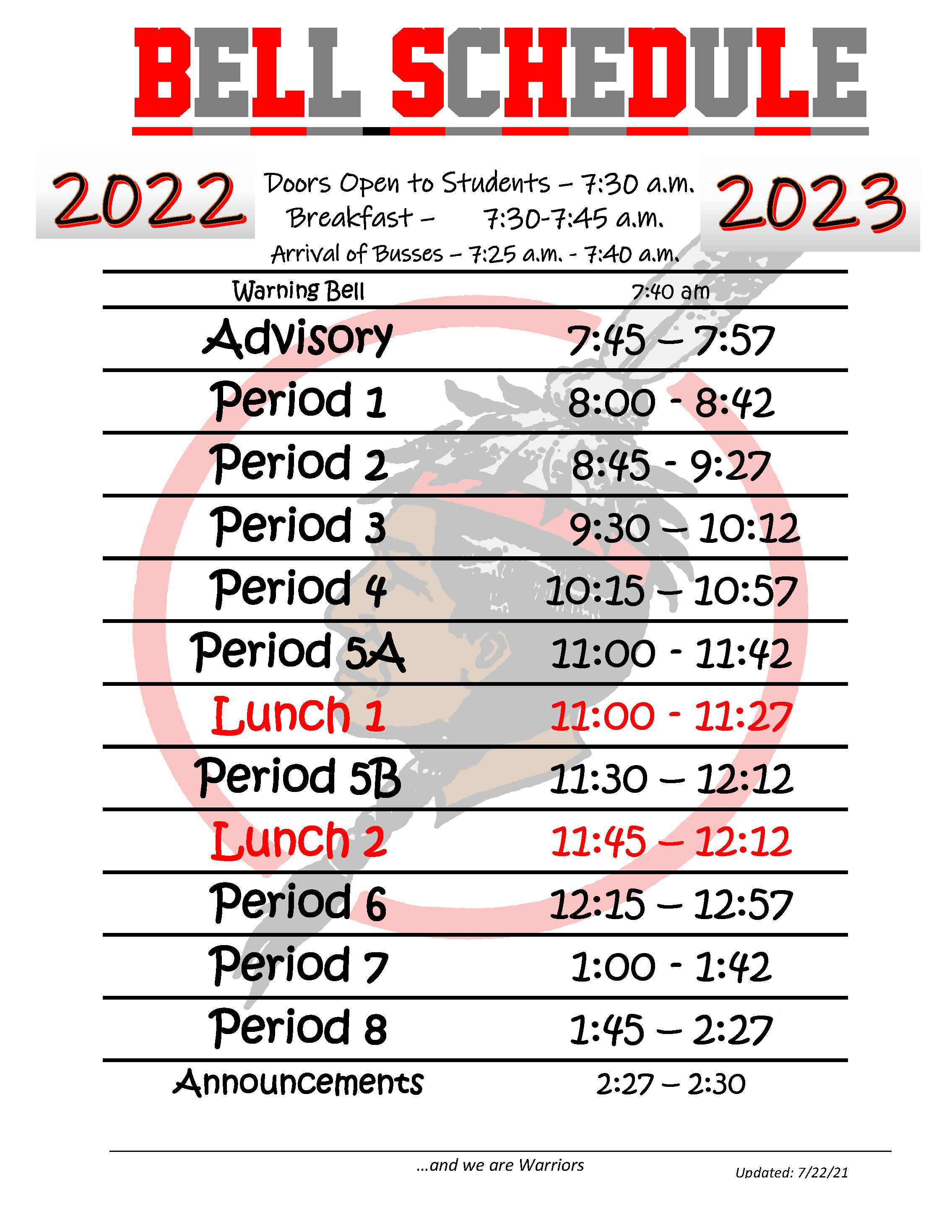 2022-2023 High School Bell Schedule