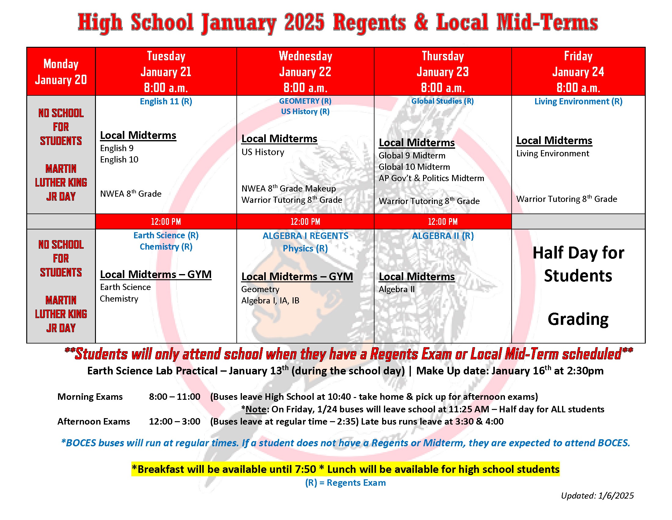 January Exam Schedule