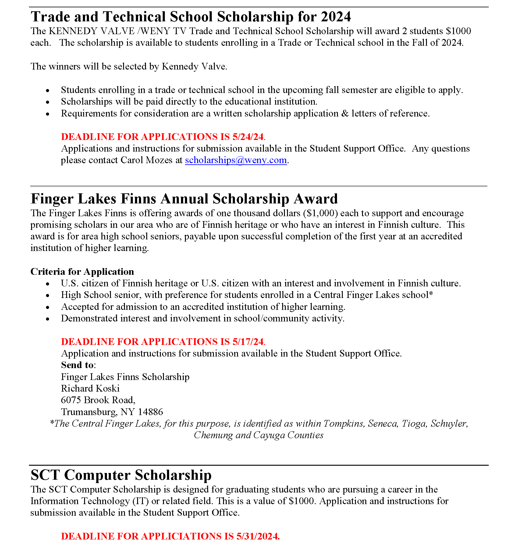 Scholarship Information Watkins Glen High School