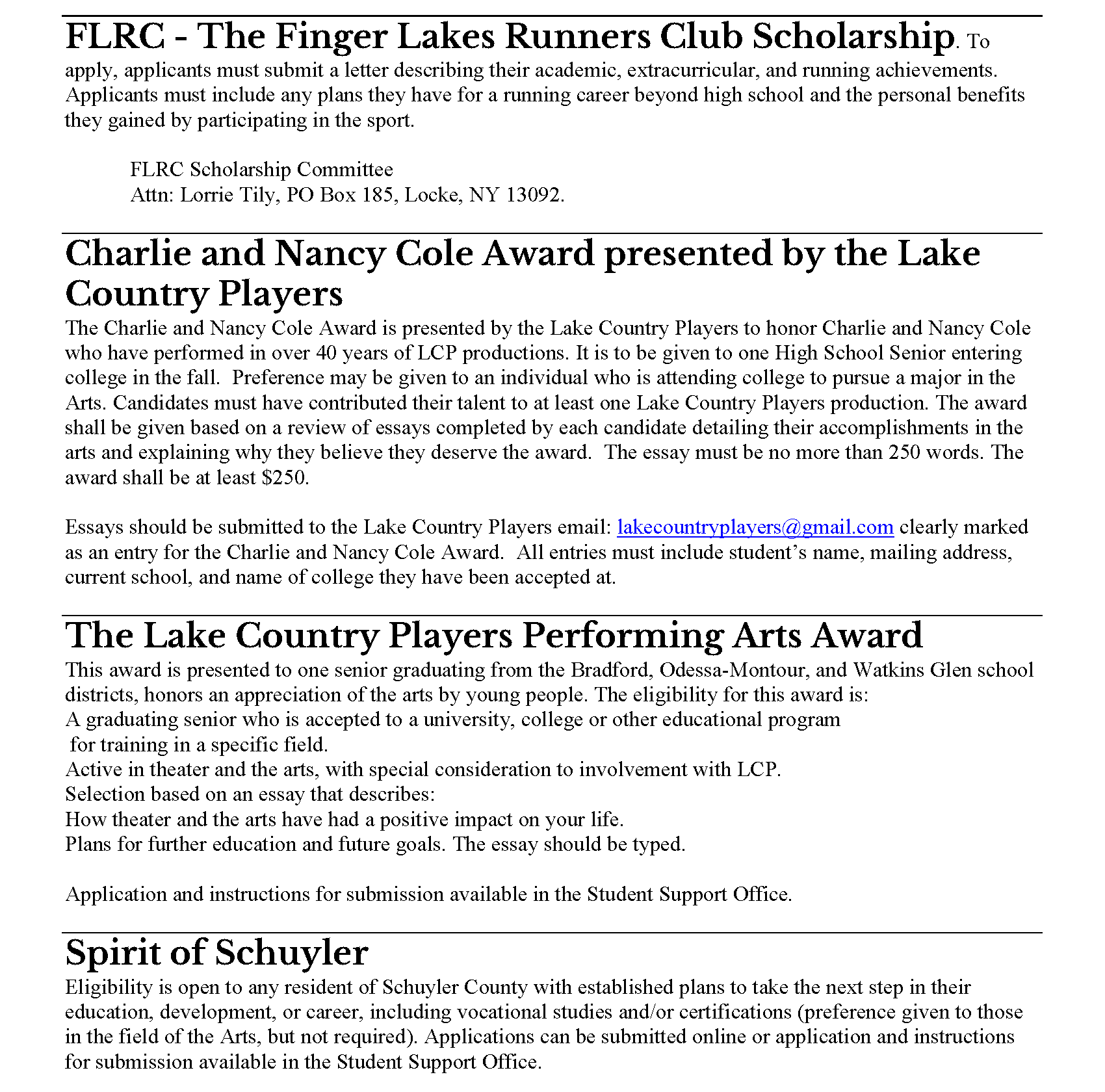 Scholarship Information Watkins Glen High School