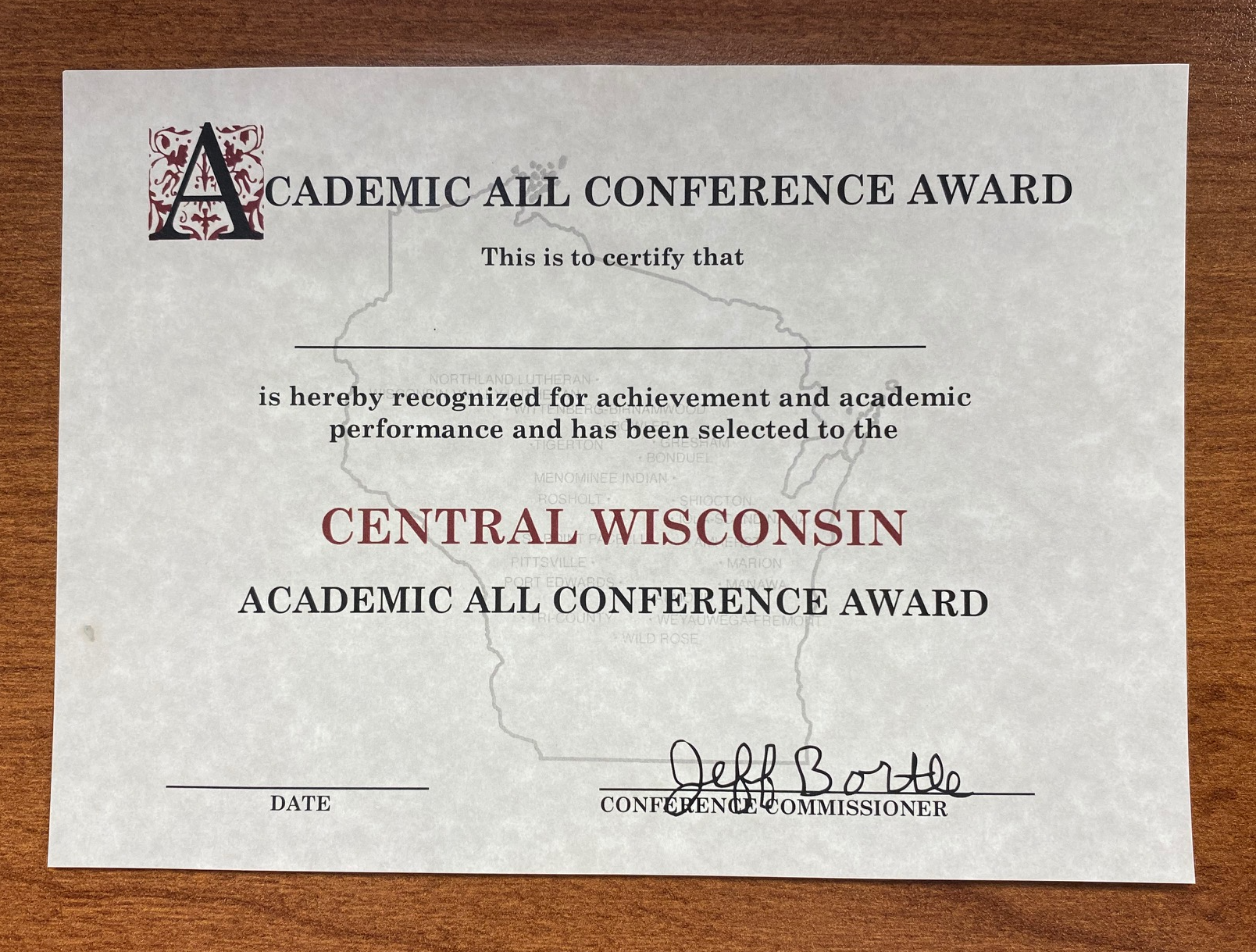 Academic All Conference Award certificate