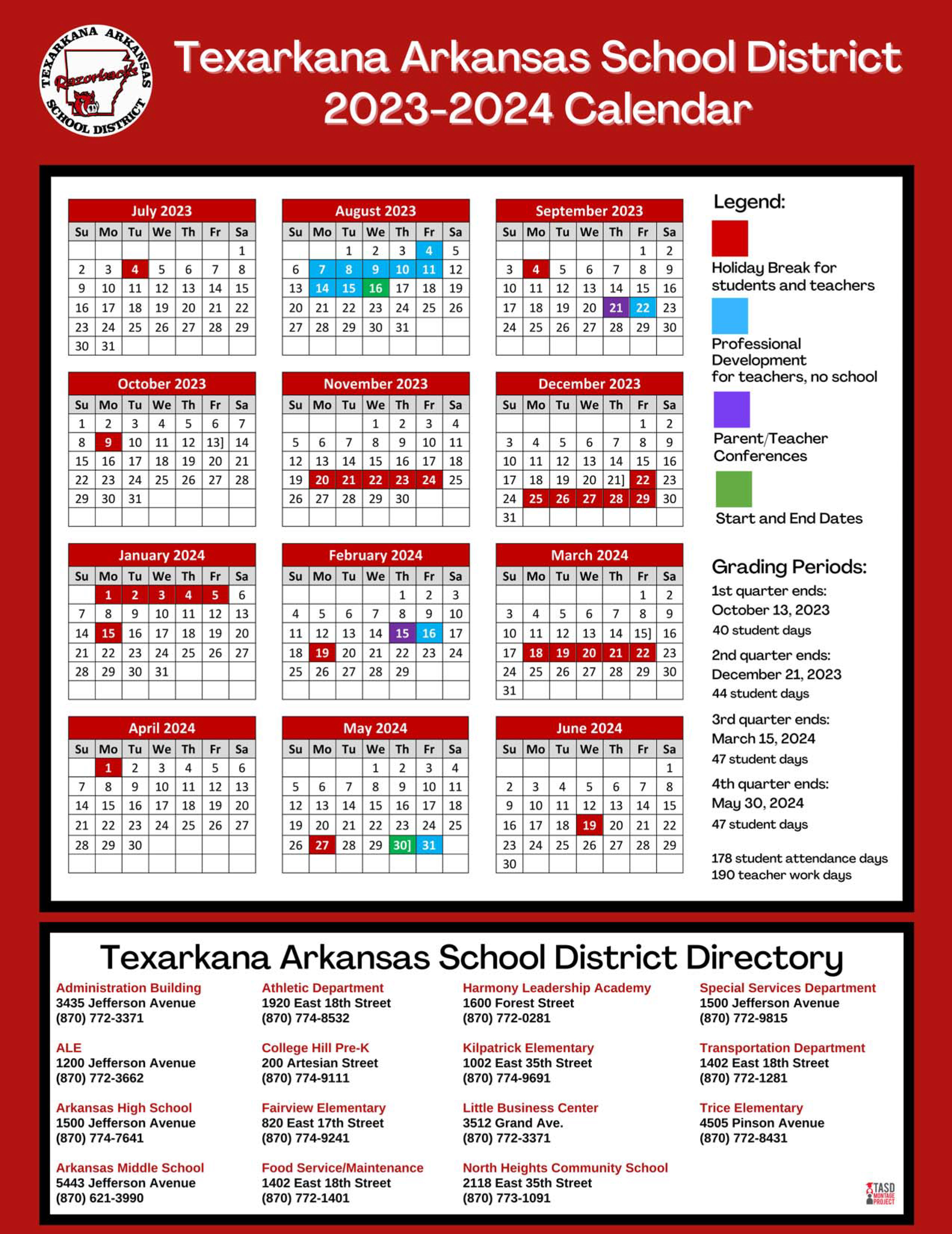 2023-2024 TASD Student Calendar