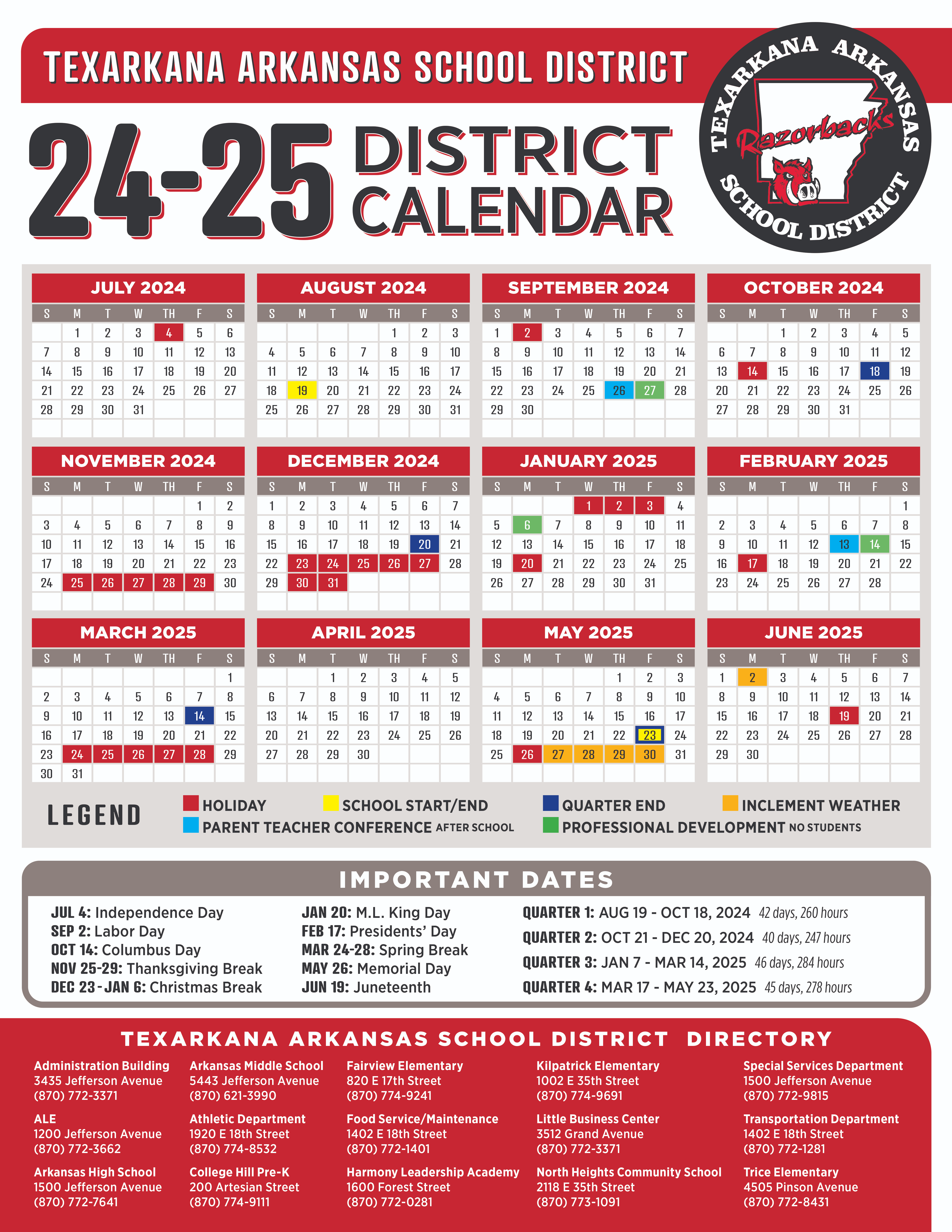 2024-2025 TASD Student Calendar 