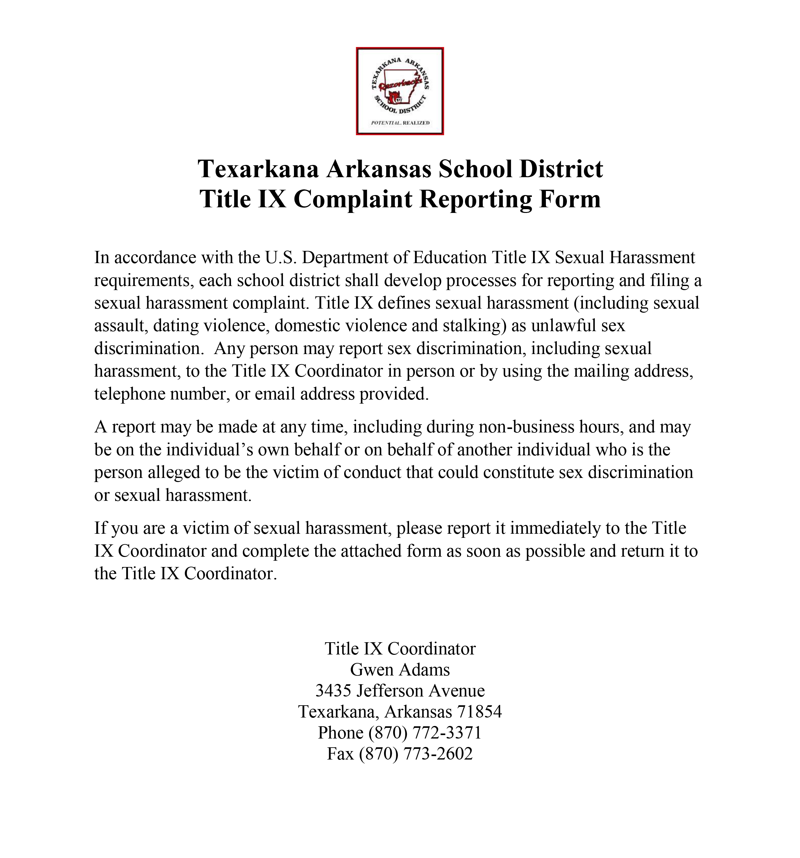 Title IX Texarkana Arkansas School District