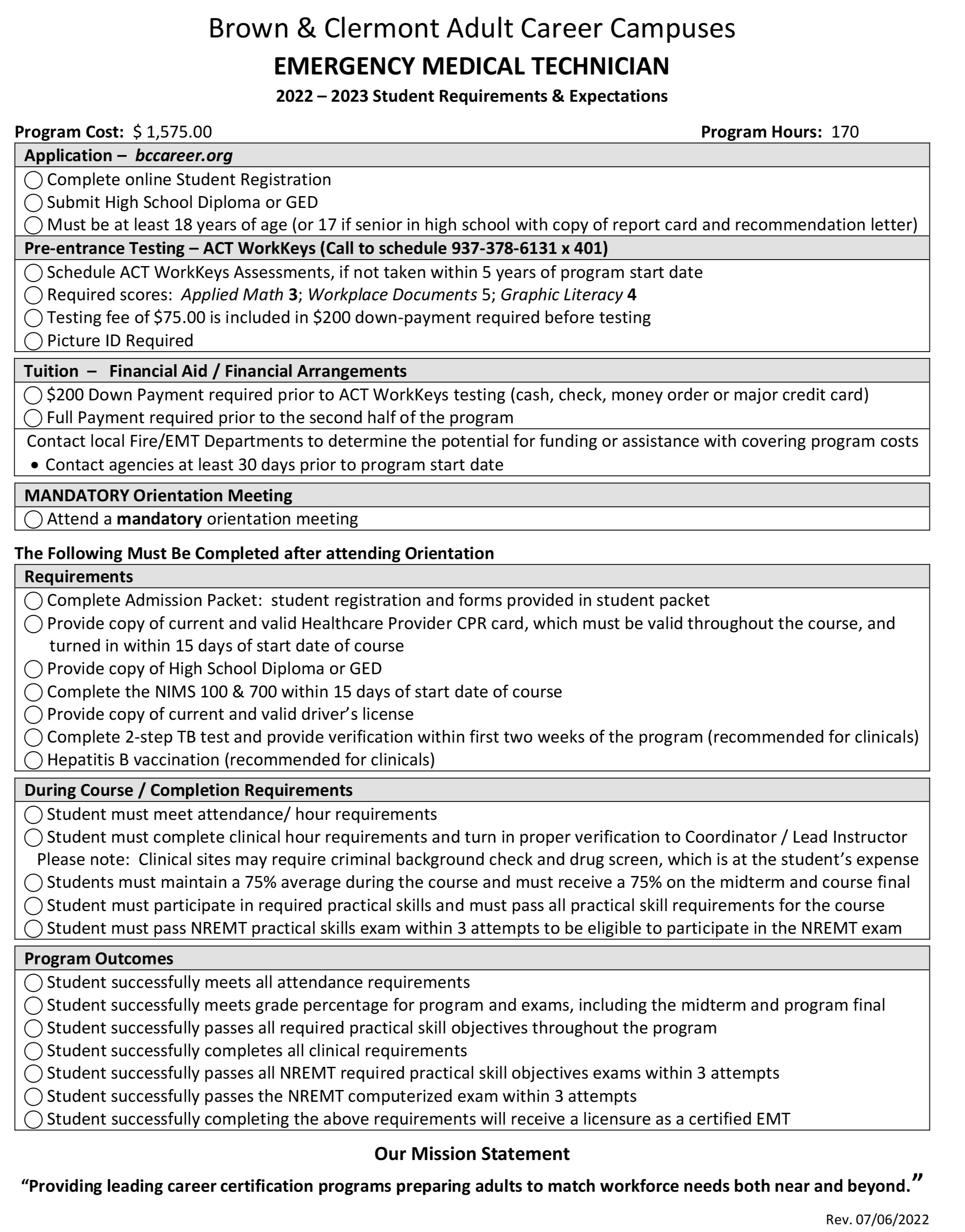 EMT Student Expectations and Requirements Sheet