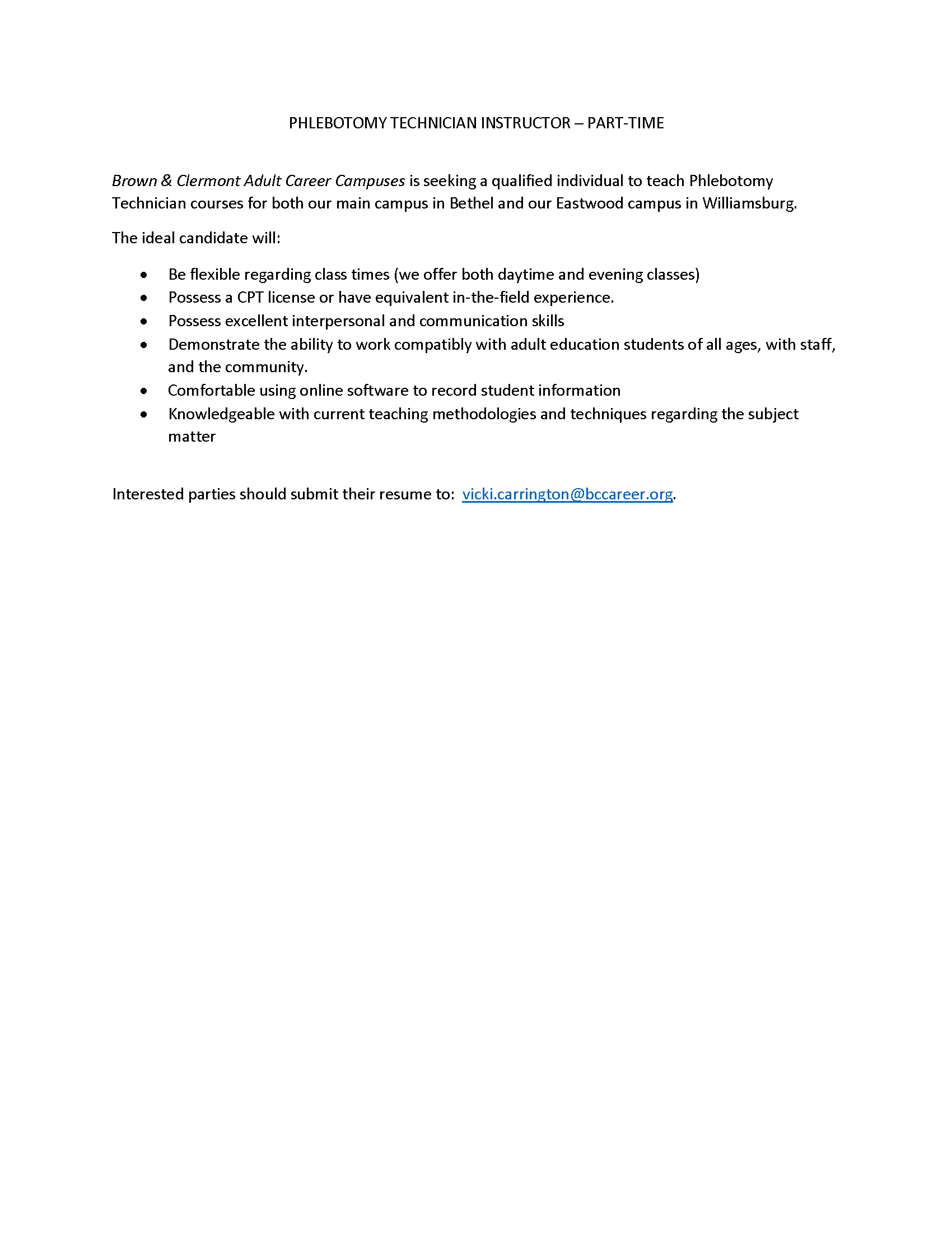 Job Listing for Phlebotomy Technician Instructor