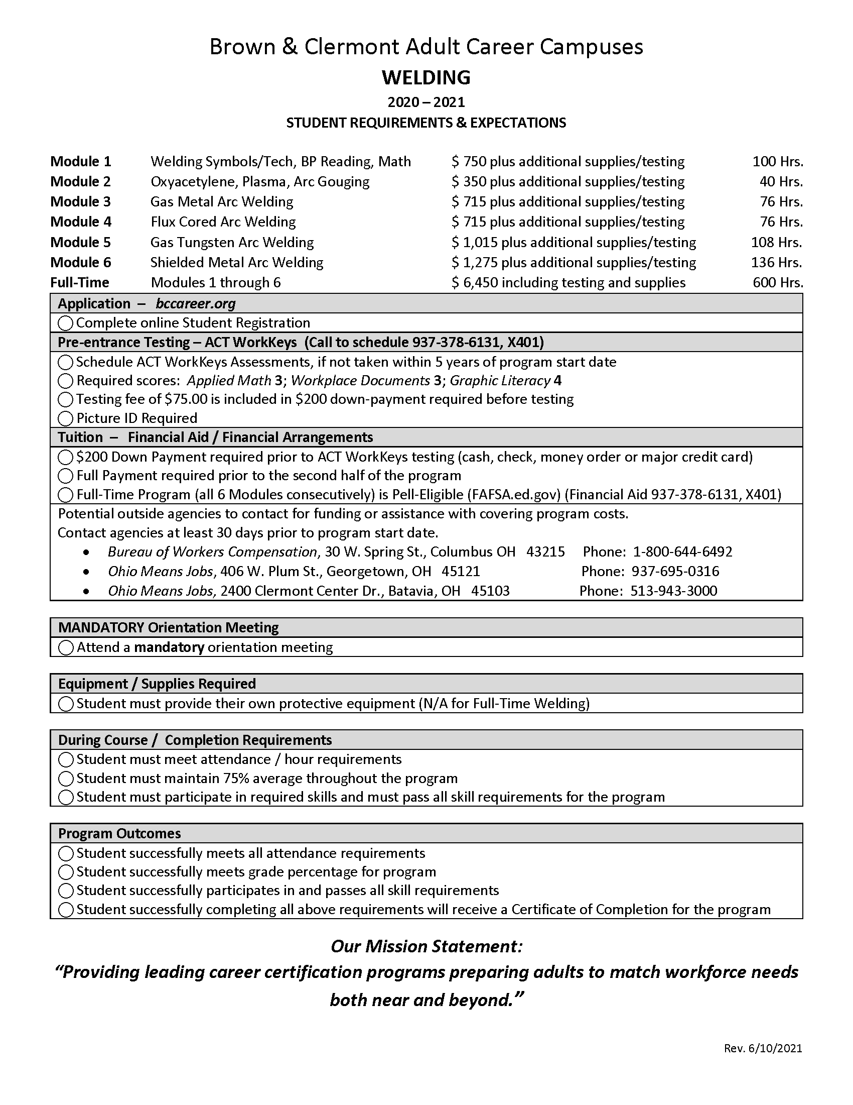 Welding Student Expectations and Requirements Sheet