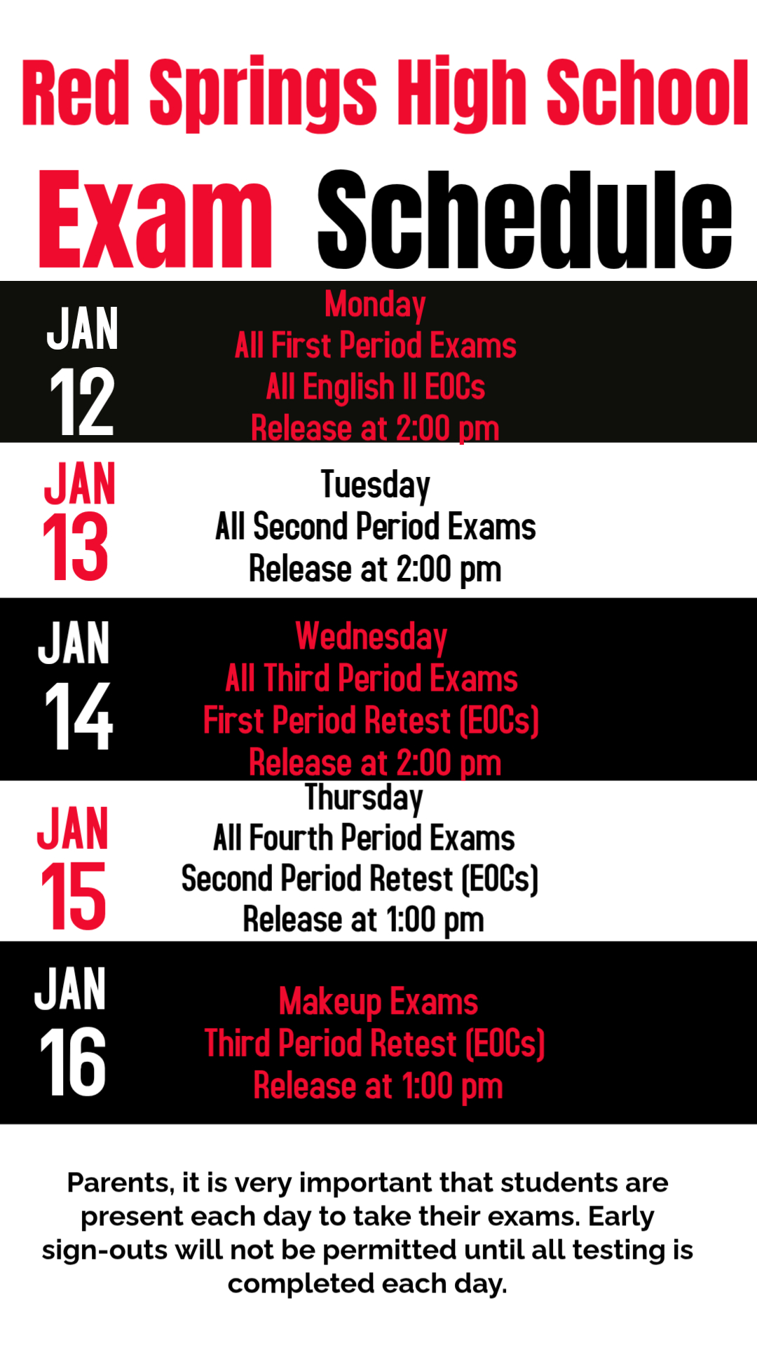 RSHS Fall 2025 Final Exam Schedule