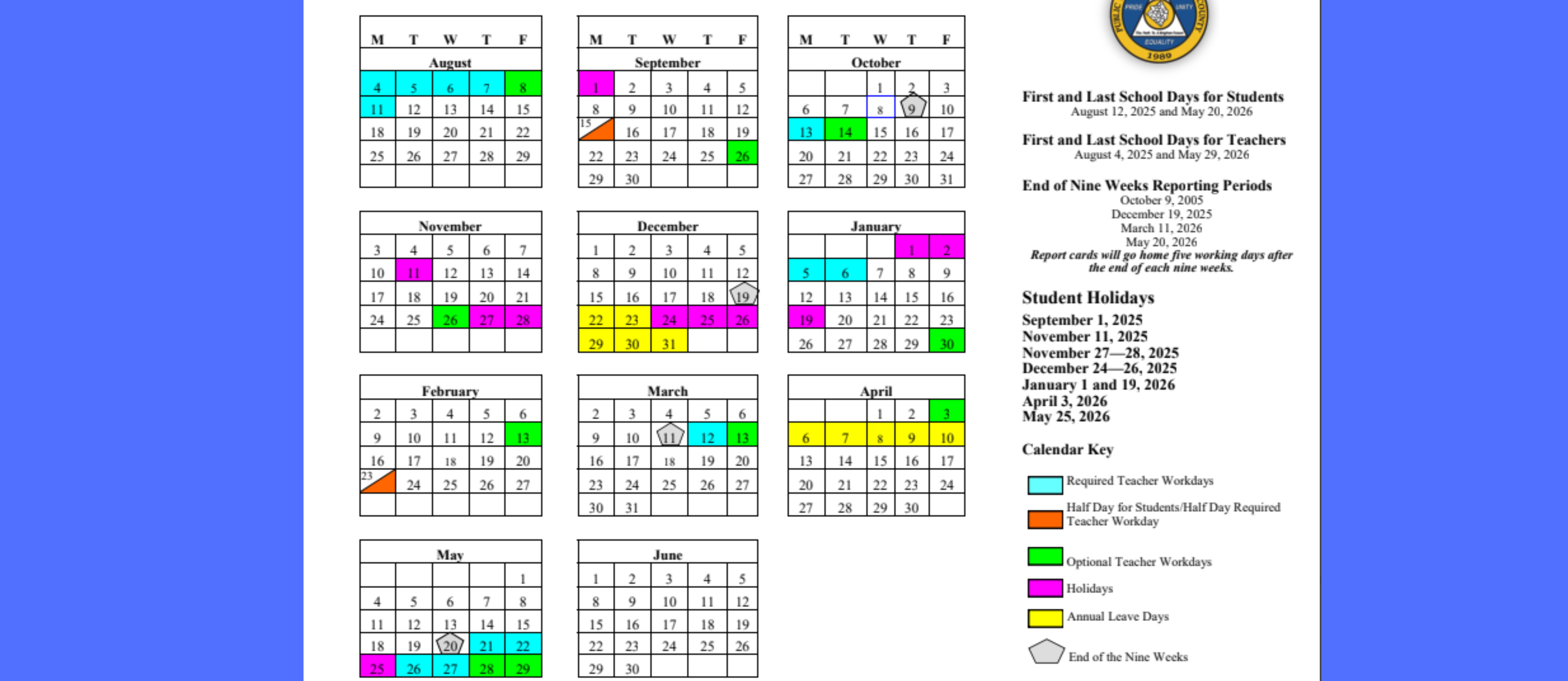 2025-2026 ECHS School Calendar
