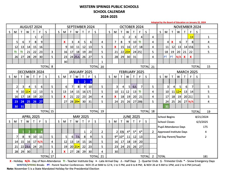 2024-2025 district calendar at a glance