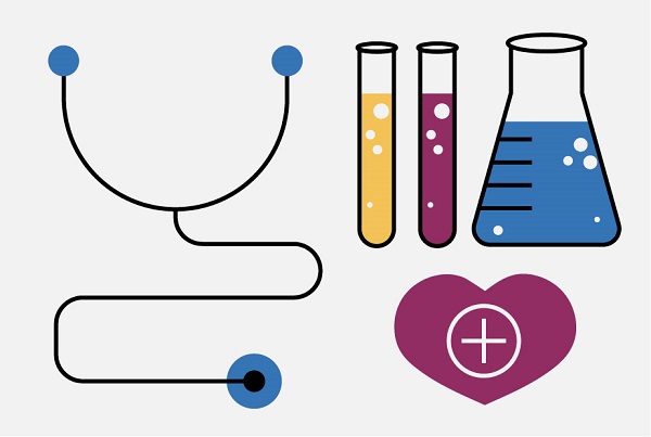 Stethoscopes, laboratory beaker and test tubes, heart