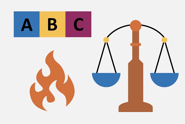 Justice balance, orange flames and ABC letters
