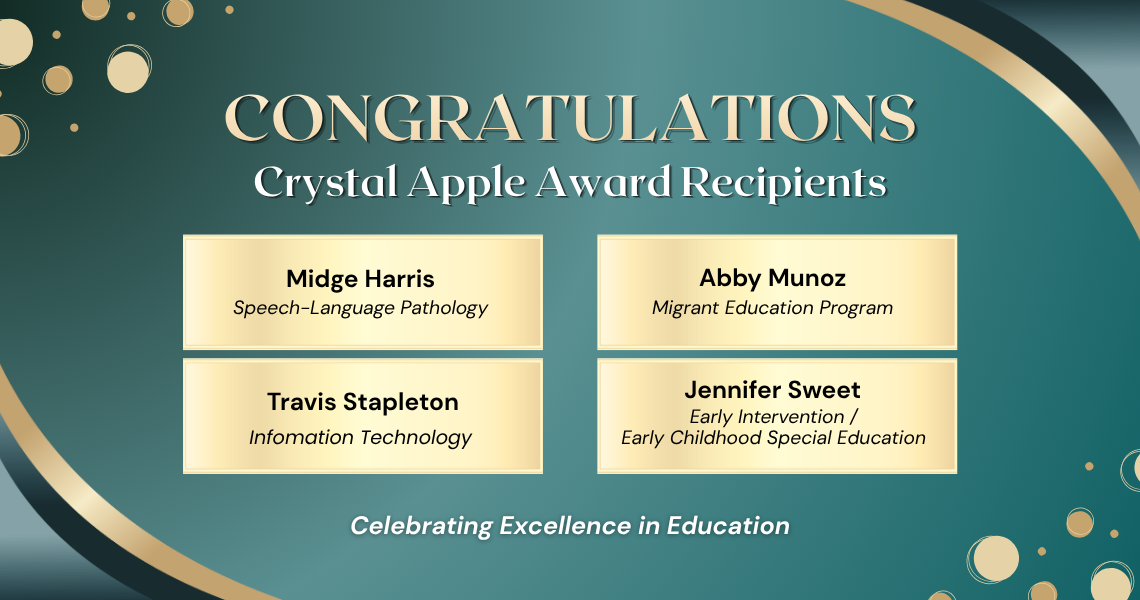 Crystal Apple Award Recipients: Midge Harris, Abby Munoz, Travis Stapleton, Jennifer Sweet