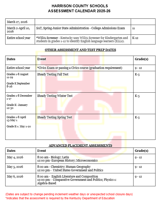 HC Assessment Calendar 2
