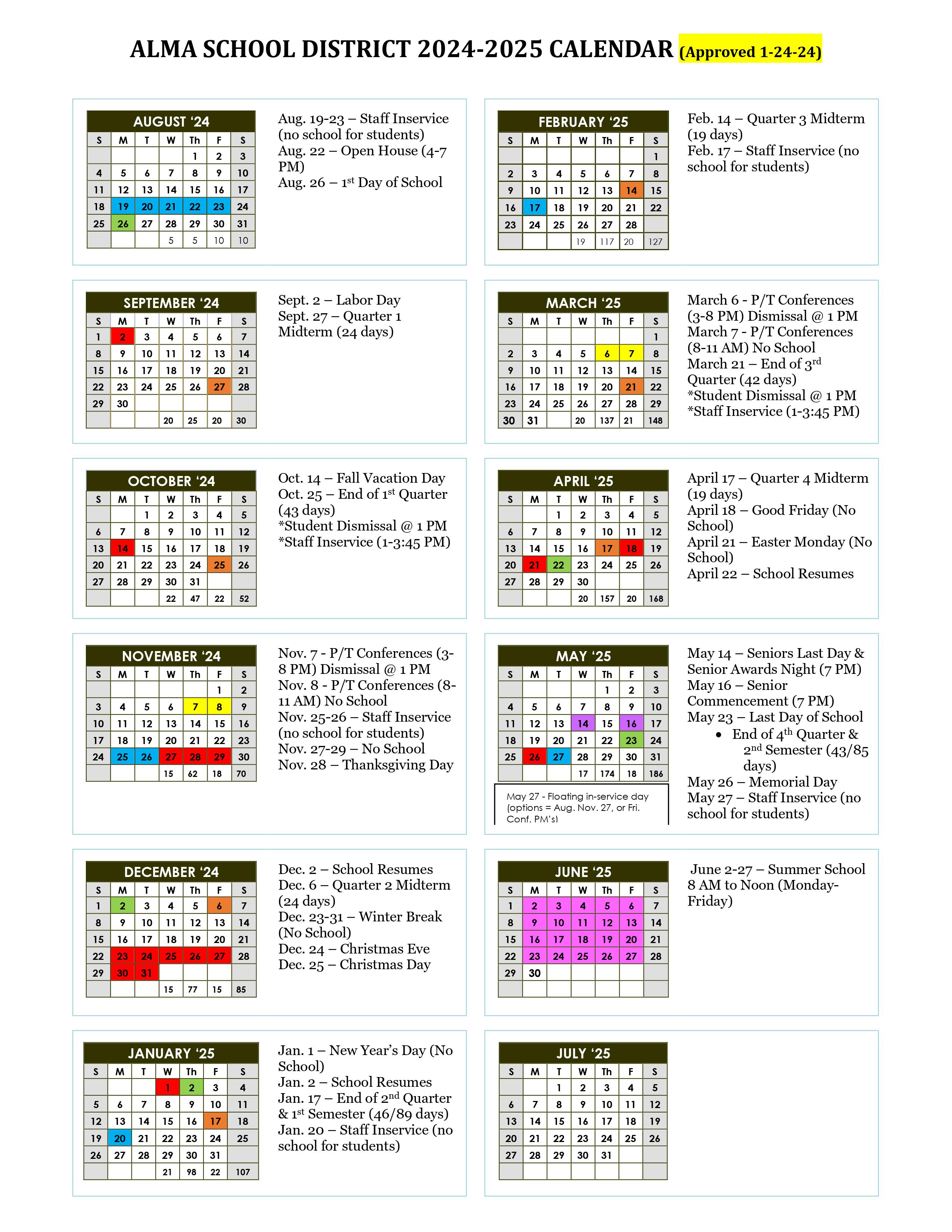 2024-2025 Master Calendar | Alma Area Schools