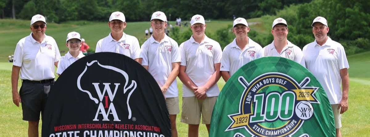 A group of eight golfers pose on a grassy golf course, wearing matching white polo shirts and caps, with wooded hills in the background. They stand behind two large banners for the WIAA State Championships and the 2026 WIAA Boys Golf State Championships.