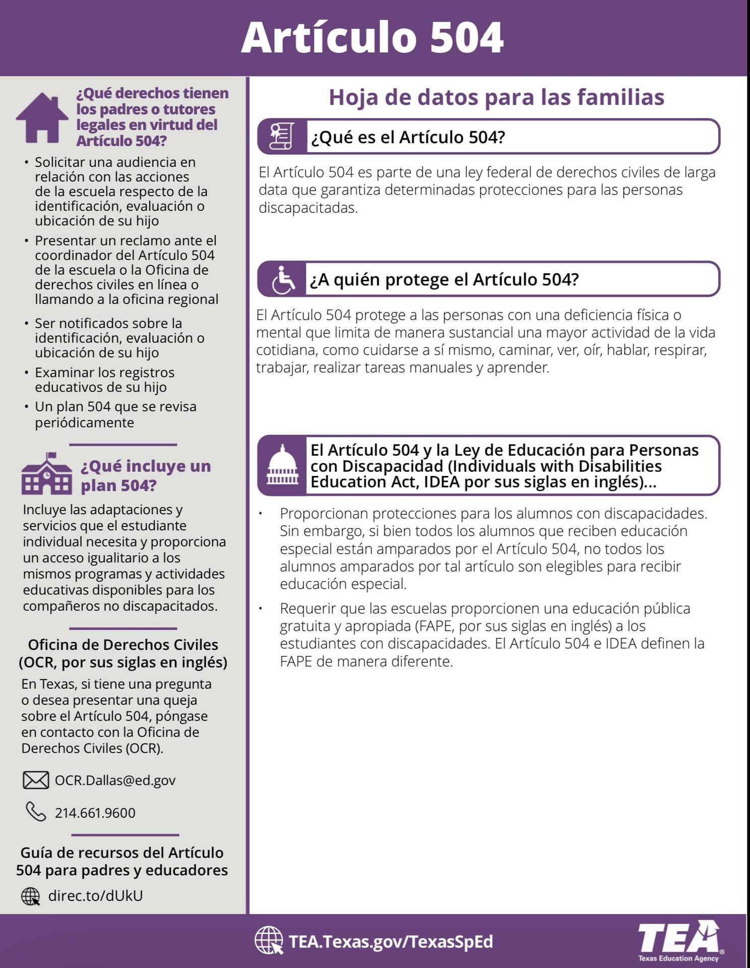 504 Fact Sheet for Families - Spanish