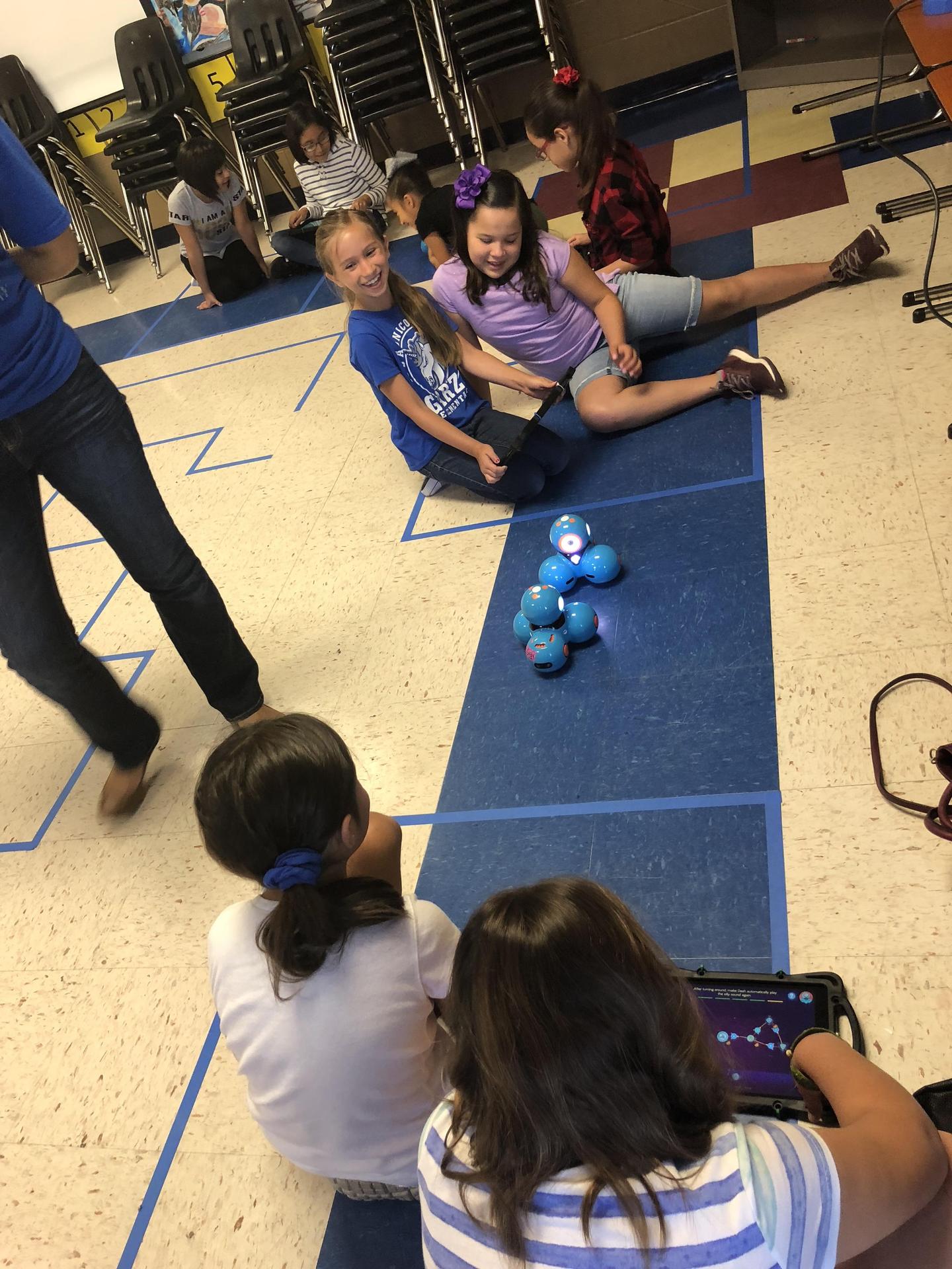 Students working with small robots on the floor
