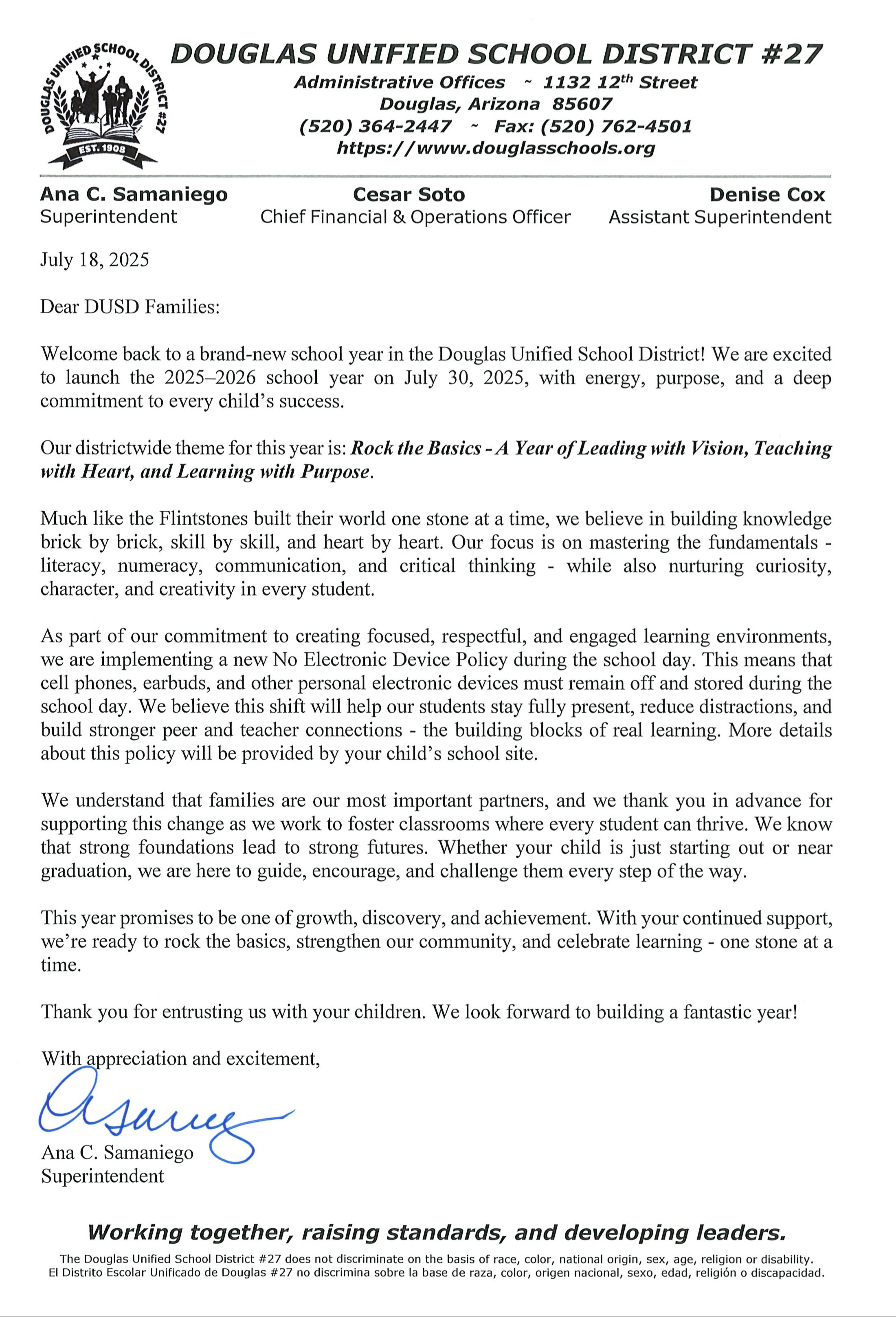 MESSAGE FROM THE SUPERINTENDENT