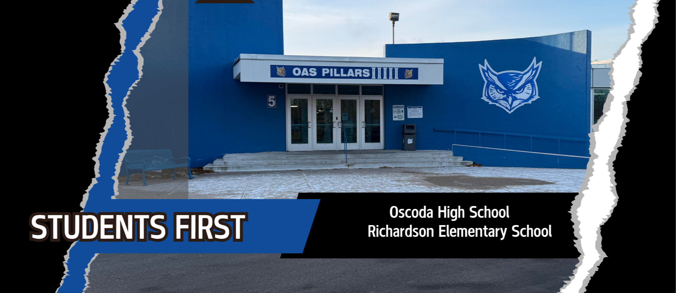 Our mission is Students first. Our facilities are: Pool, football, gym, auditorium, soccer, track. Oscoda High School and Richardson Elementary School