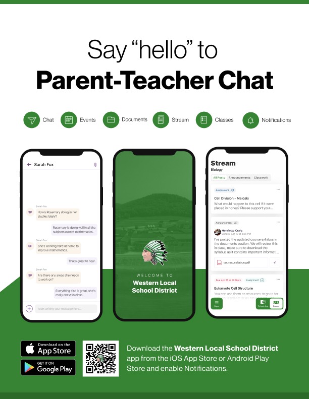 Say hello to Parent-Teacher chat in the new Rooms app. Download the Western Local School District app in the Google Play or Apple App store