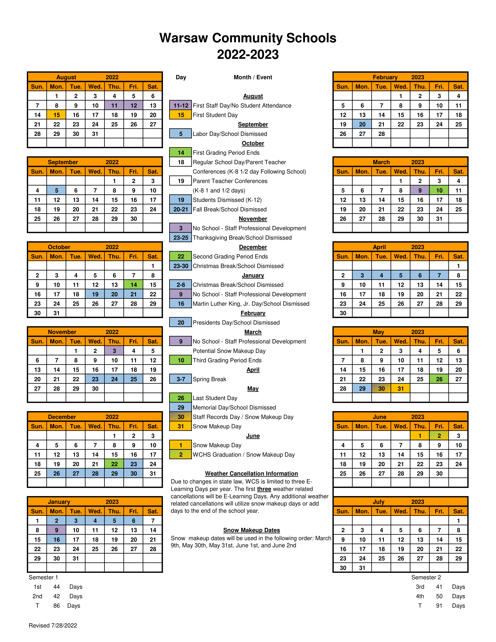 Calendars Warsaw Community Schools