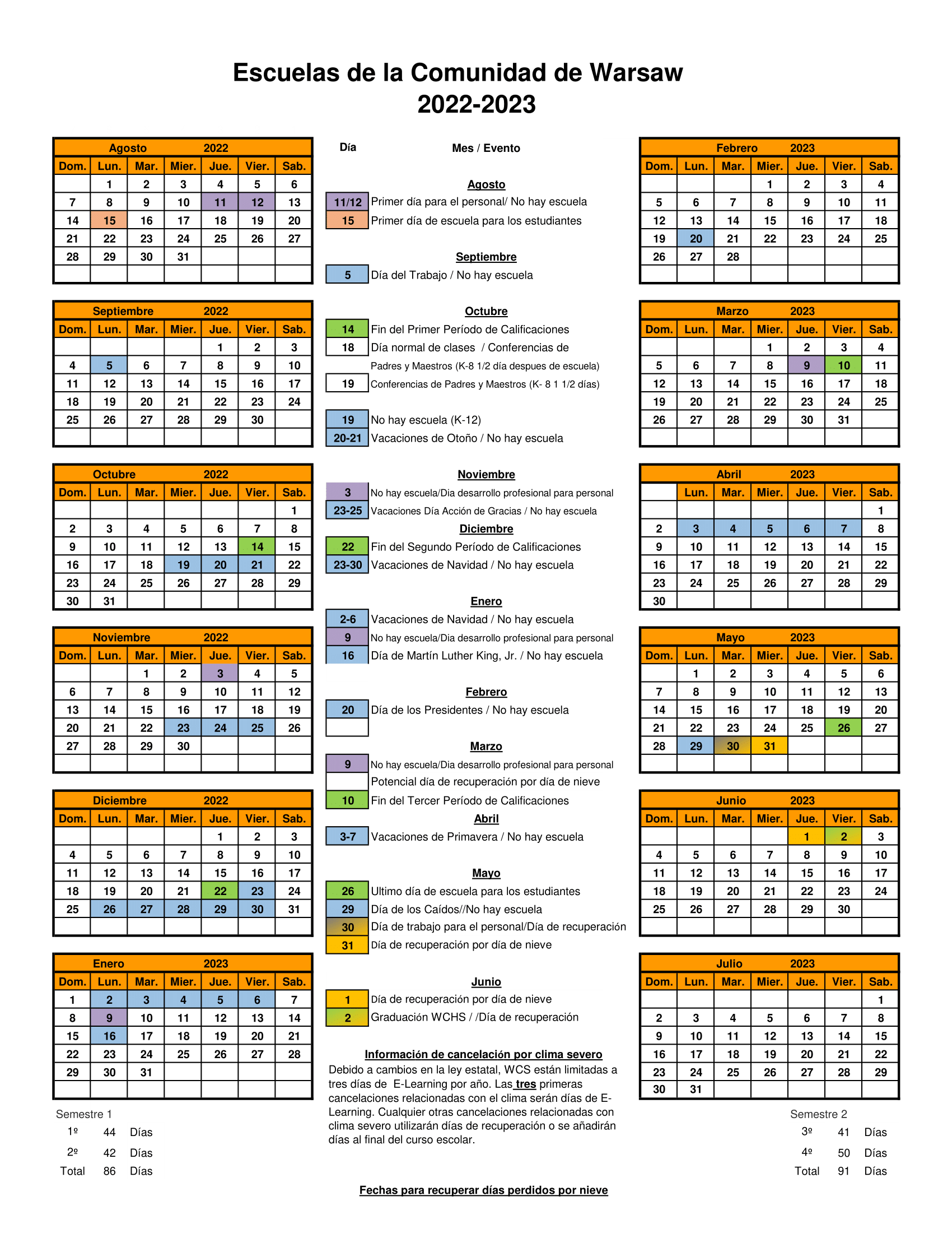 Calendars Warsaw Community Schools