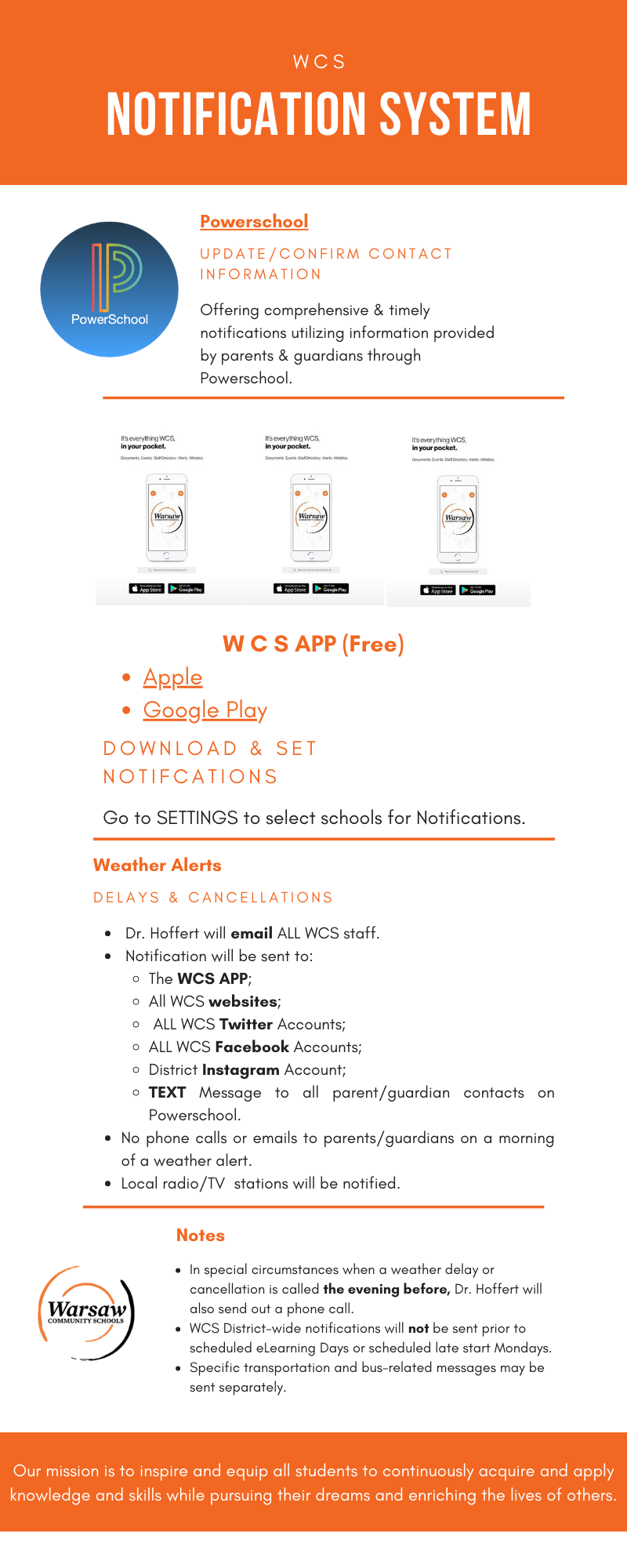   WCS Notification System  Powerschool: Update/Confirm Contact Information. Offering Comprehensive & Timely notifications utilizing information provided by parents & guardians through PowerSchool.   WCS APP (Free): Download on apple or google play and set notifications. Go to SETTINGS to select schools for Notifications.  Weather Alerts, Delays & Cancellations: Dr. Hoffert will email ALL WCS staff. Notification will be sent to: The WCS App, all WCS websites, All WCS Twitter Accounts, All WCS Facebook Accounts, District Instagram Account; Text message to all parent/guardian contacts on Powerschool. No phone calls or emails to Parents/Guardians on a morning of a weather alert. Local radio/TV stations will be notified. Notes: In special circumstances when a weather delay or cancellation is called the evening before, Dr. Hoffert will also send out a phone call. WCS District wide notifications will not be sent prior to scheduled elearning days or scheduled late start Mondays. Specific transportation and bus-related messages may be sent separately.   Our mission is to inspire and equip all students to continuously acquire and apply knowledge and skills while pursuing their dreams and enriching the lives of others.