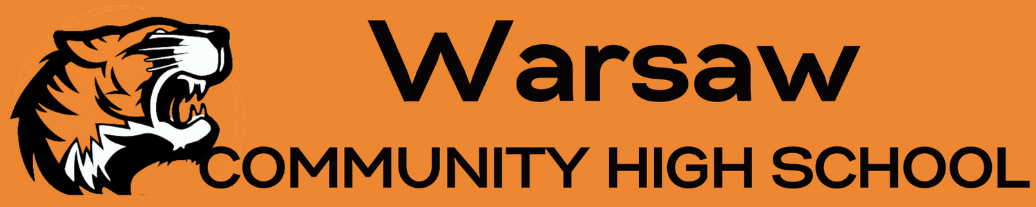 Warsaw community high school with logo on orange background