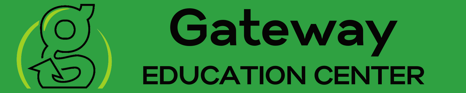 Gateway education center with logo on green background