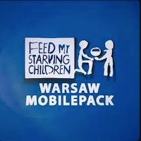 warsaw mobilepack "feed my starving children" illustration of two people passing a bowl to one another, white text and images on a blue background