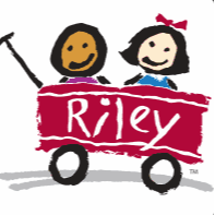 Riley logo, hand drawn illustration of red wagon with "riley" on the side and two children sitting inside the wagon