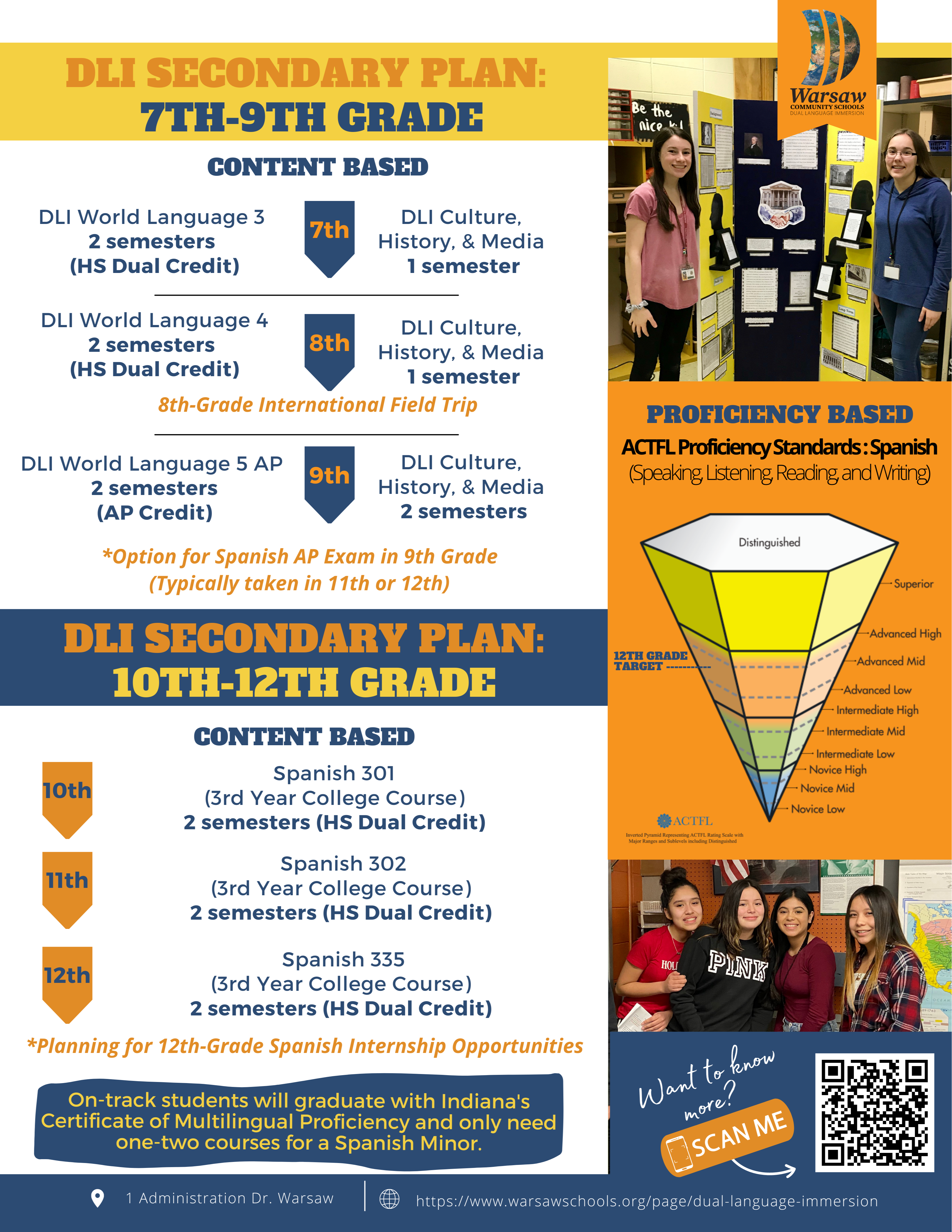 DLI Secondary Plan 7th-9th grade Content based . 7th Grade: DLI World Language 3, 2 semesters (HS Dual Credit)  DLI Culture, History, & Media 1 semester. 8th: DLI World Language 4 2 semesters (HS Dual Credit) DLI Culture, History, & MEdia 1 semester 8th grade international field trip. 9th: DLI World Language 5 AP, 2 semesters (AP Credit). DLI Culture, History, & Media 2 semesters * Option for Spanish AP Exam in 9th grade (typically taken in 11th or 12th).  DLI Secondary Plan: 10th-12th grade. Content Based. 10th: Spanish 301 (3rd year college course) 2 semesters (HS Dual Credit). 11th Spanish 302 (3rd year college course)  2 semesters (HS Dual Credit) 12th: Spanish 335 (3rd year college course) 2 semesters (HS Dual Credit) * Planning for 12th grade spanish internship opportunities. On-track students will graduate with indiana's certificate  of multilingual proficiency and only need one-two courses for a spanish minor. Image of DLI students posing with a trifold display, proficiency standards graphic, and smiling dli students. QR code in bottom right "want to know more? SCAN ME". 