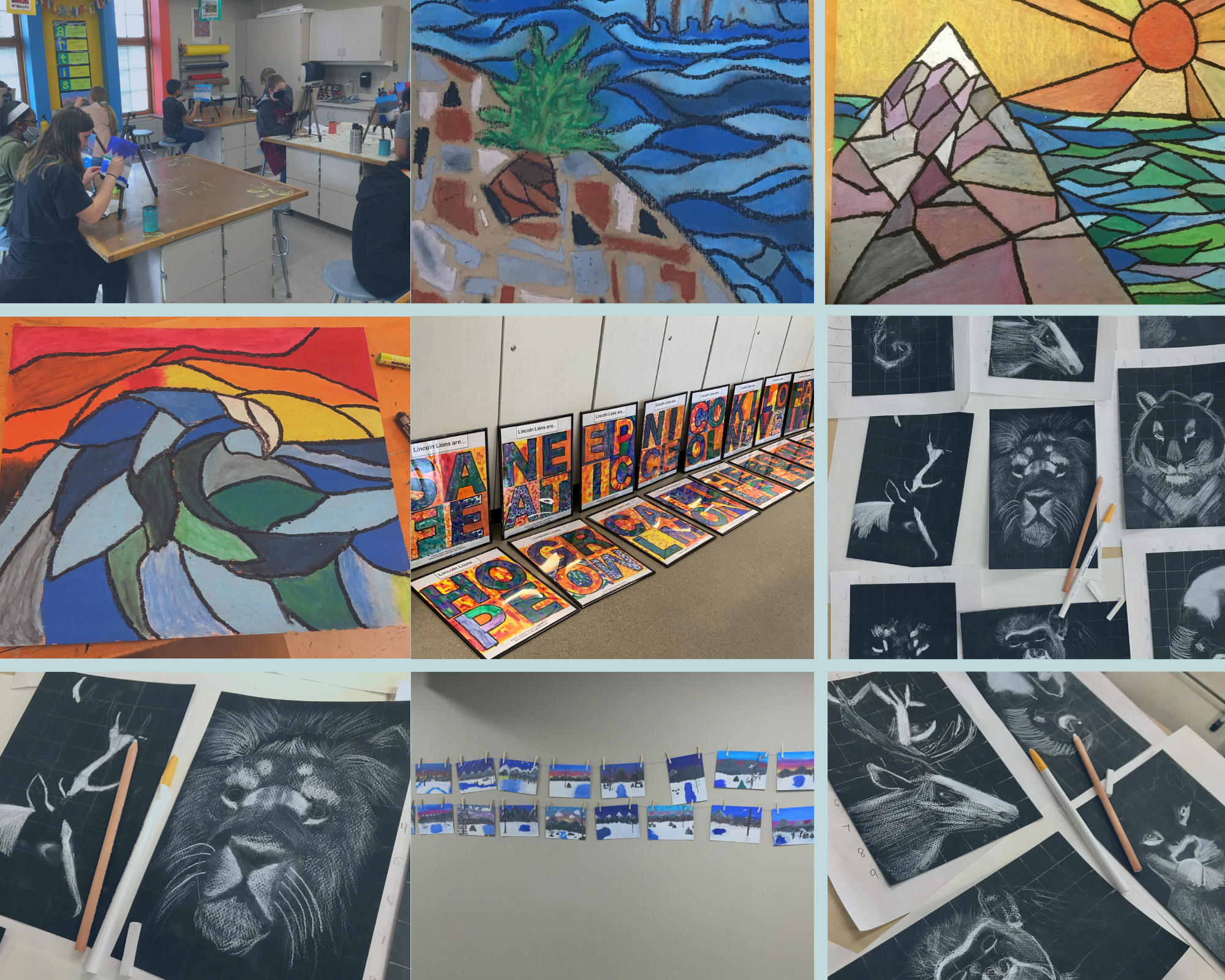Photo collage of art projects like stained glass landscapes and grayscale animal portraits