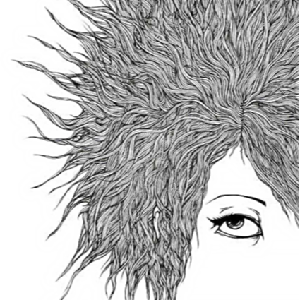 pen and ink drawing of eye with crazy hair