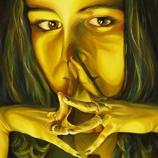painting of a woman holding her hands in front of her face with dramatic lighting from below