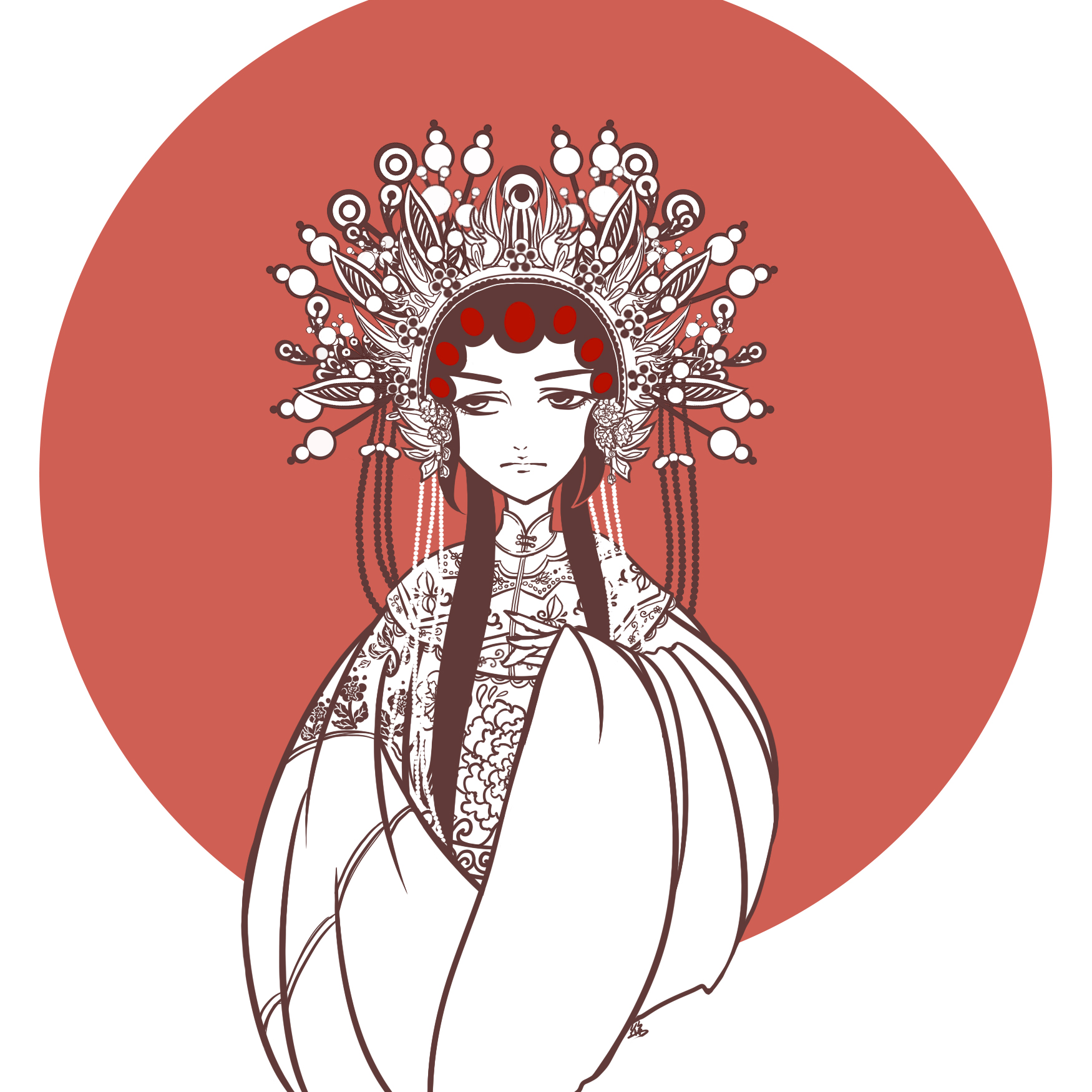 digital portrait of a woman with a heavily adorned headdress in anime style