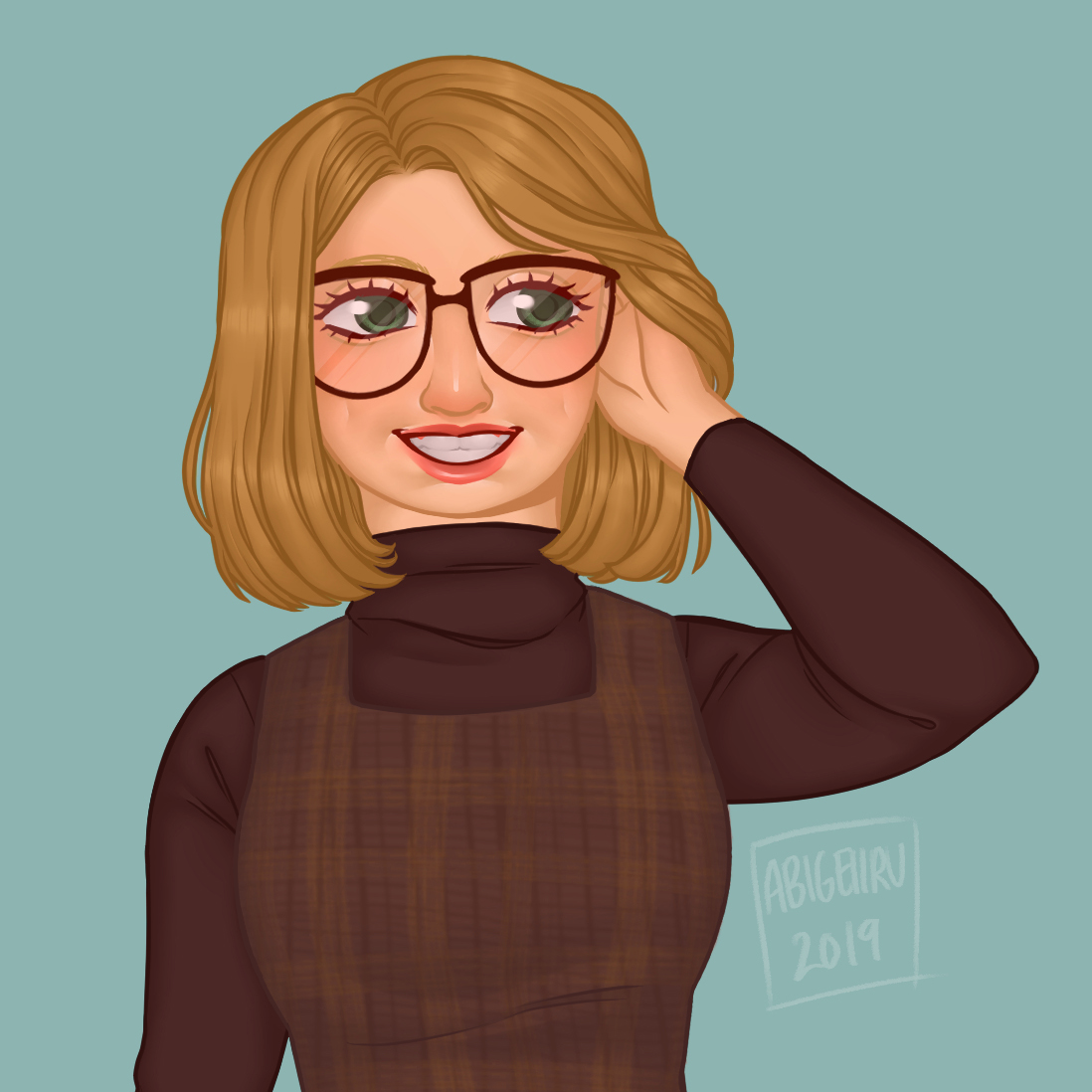 digital portrait of a young girl with her hand in her hair wearing glasses