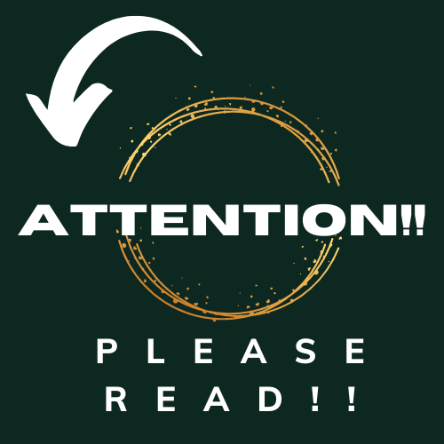 Attention!! Please read! White text with a white arrow and gold circular accents against a dark green background