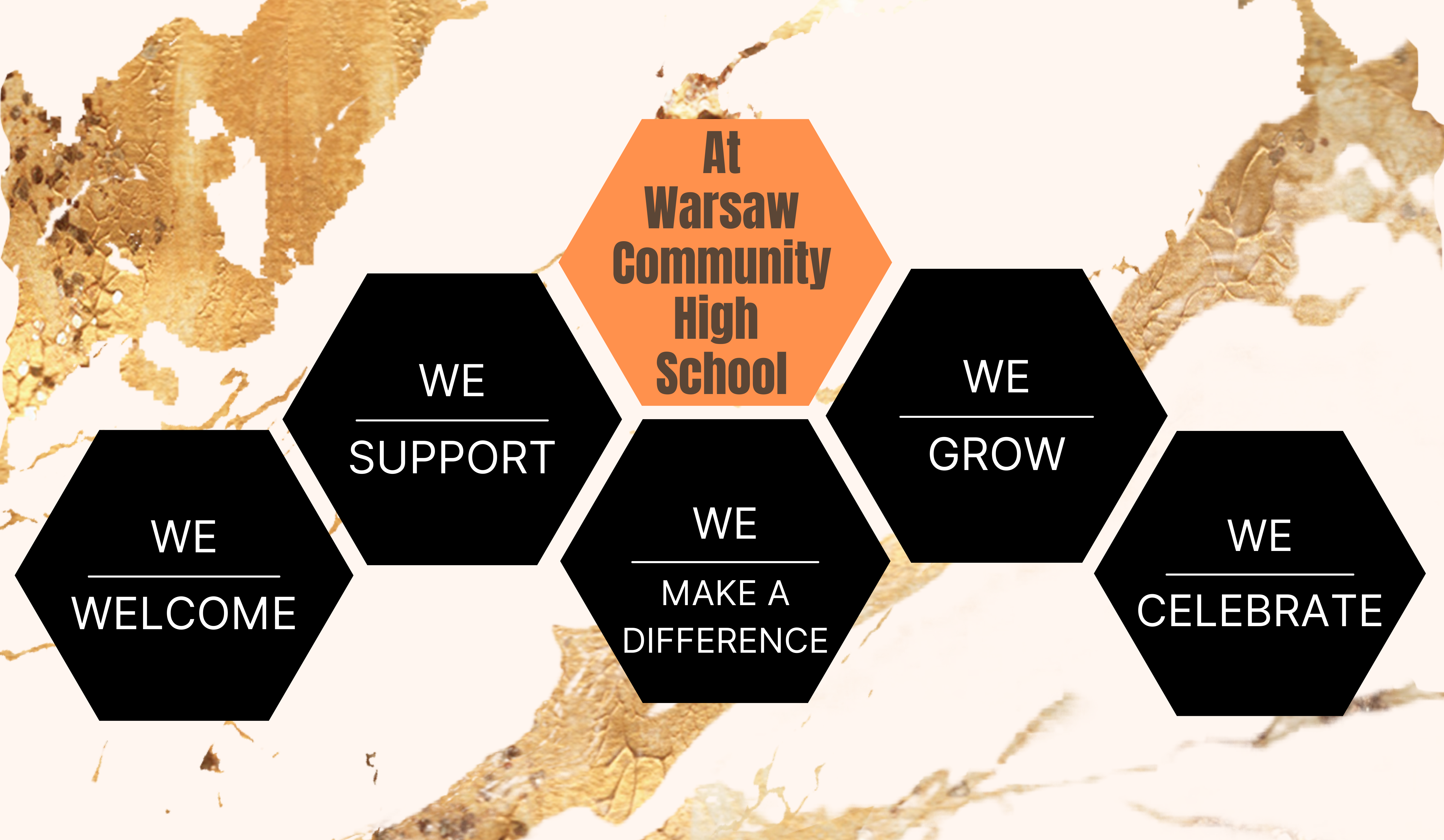 at warsaw community high school we welcome, we support, we make a difference, we grow, we celebrate. Black and orange honeycomb pattern on a gold foil background