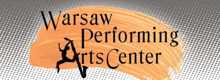 Warsaw Performing arts center logo with an orange paint stroke behind black text