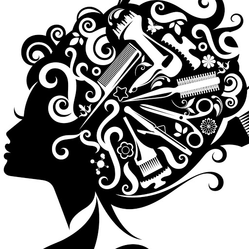 vector image of a woman's profile with salon tool imagery throughout her hair