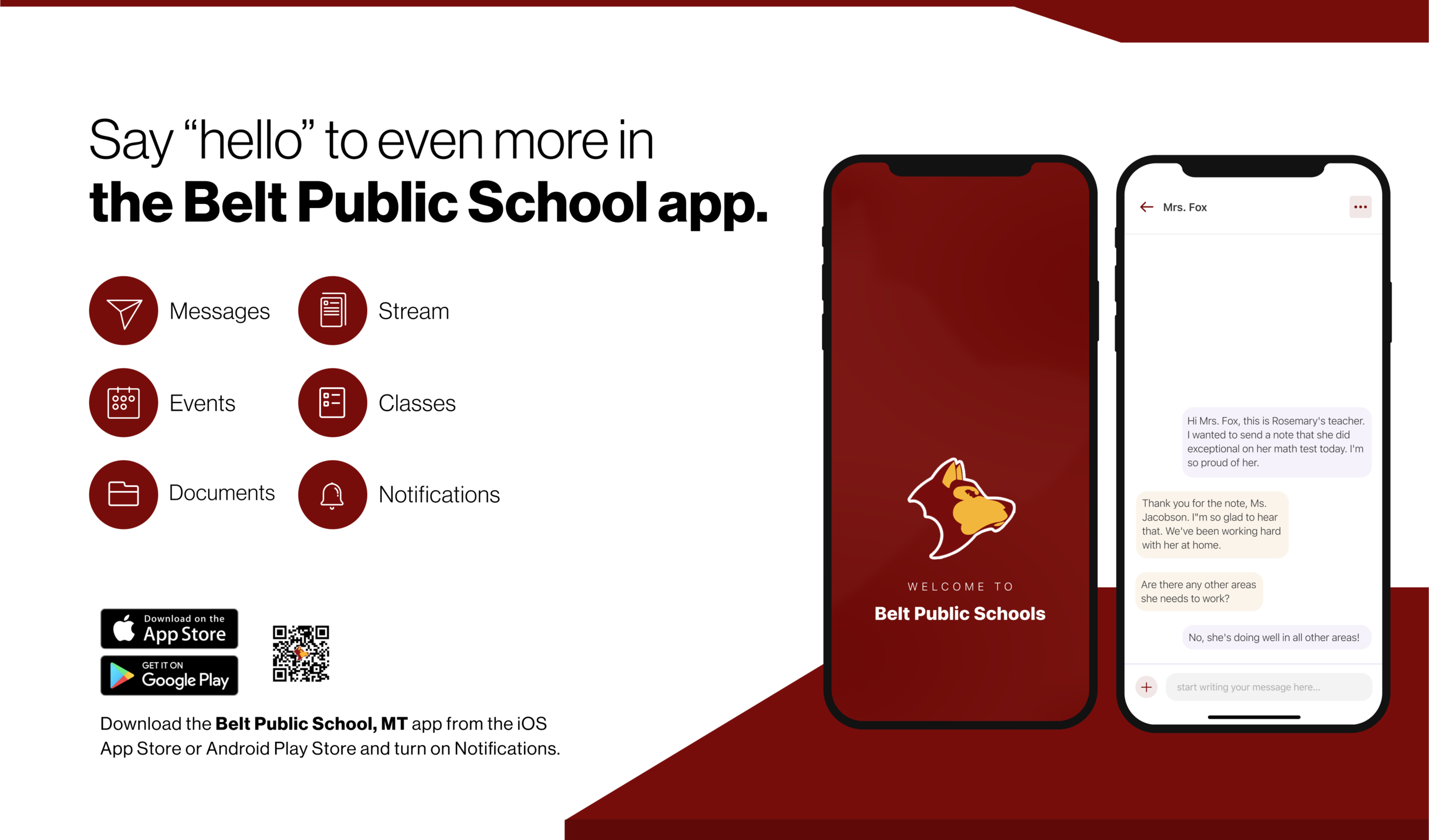 Graphic introducing Rooms that reads "Say "hello" to even more in the Belt Public School app. * Mrs. Fox Messages 000 Events Documents 'Hi Mrs. Fox, this is Rosemary's teacher. I wanted to send a note that she did exceptional on her math test today. I'm so proud of her'. Stream Classes Notifications